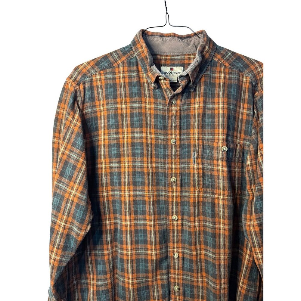 VTG Woolrich Mens Large Button Down Shirt Orange‎ Plaid Cowboy Ranchwear Flannel